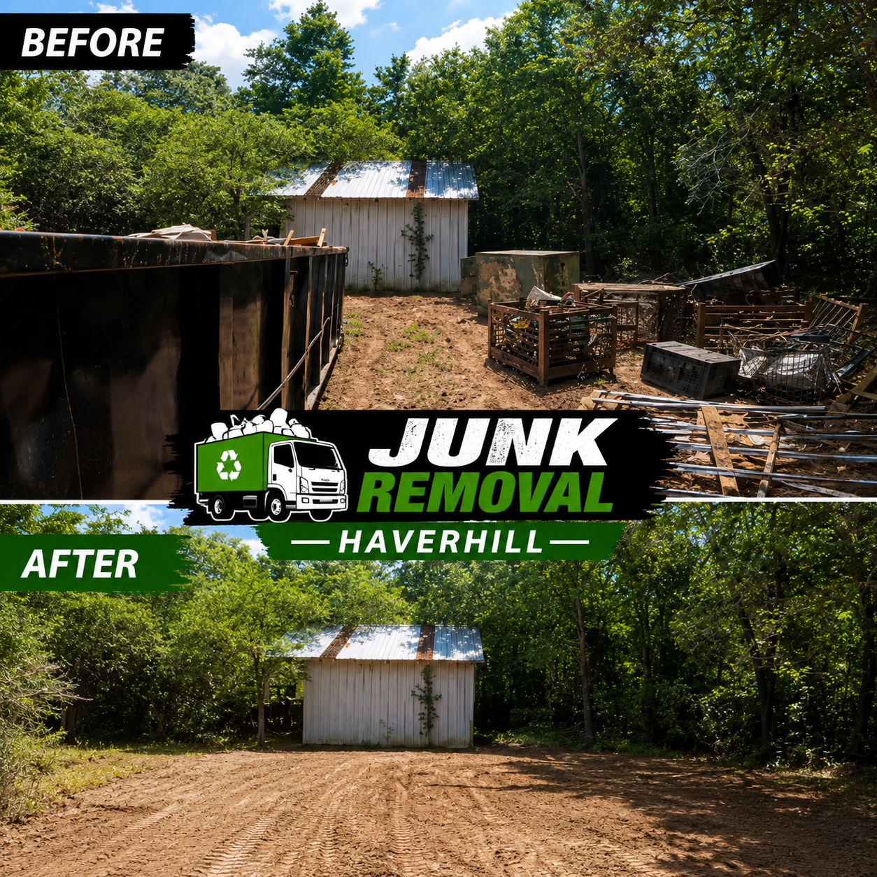 Before and after indoor cleanout showing a cluttered room cleared during a Haverhill, MA junk removal job